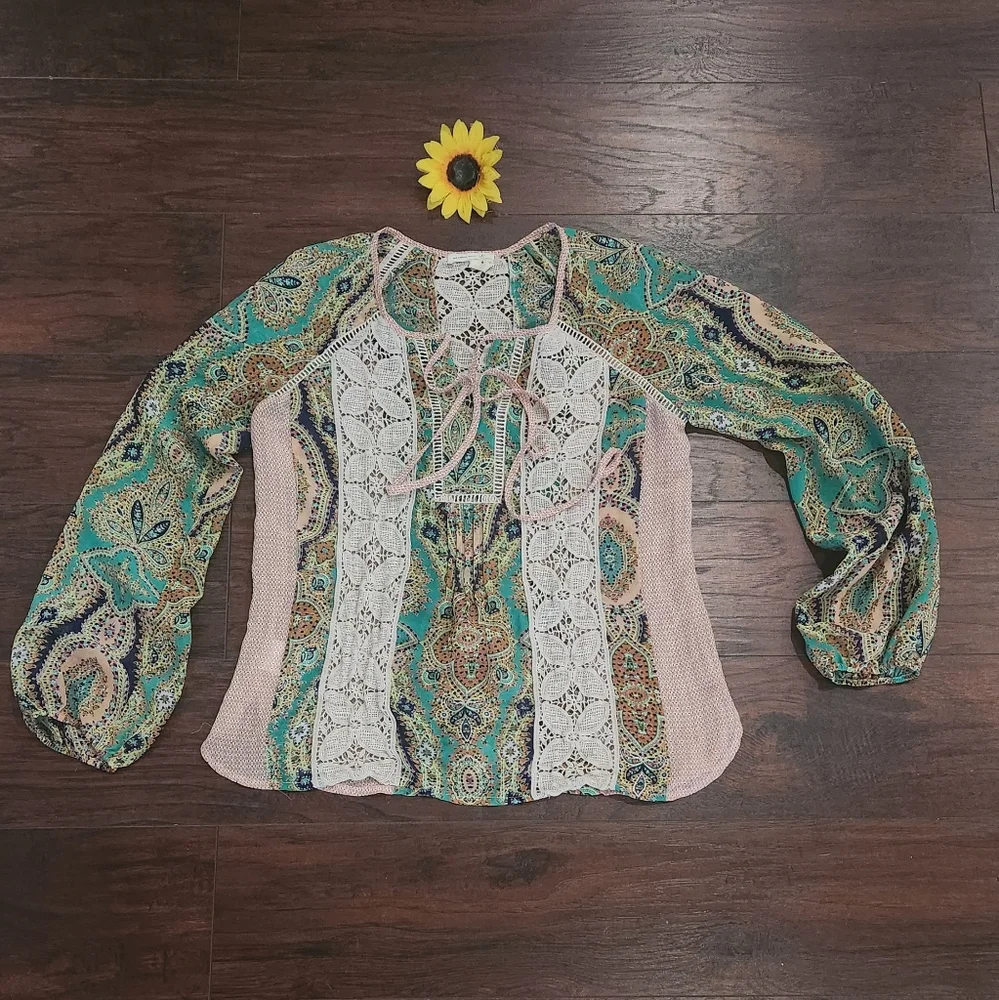 Meadow Rue Anthropologie Crochet Lace Peasant Blouse Medium
